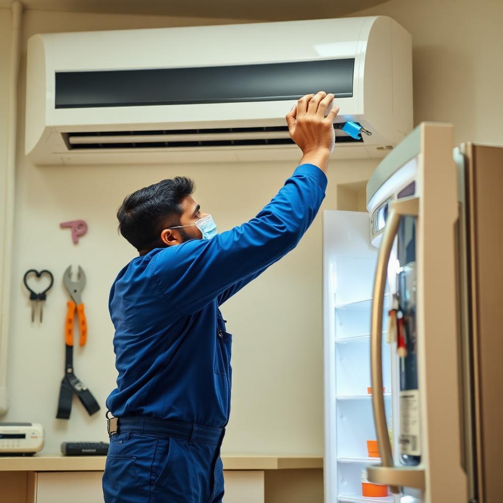 SBC Electronics technician repairing an AC and refrigerator